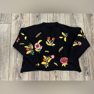Women’s Floral Embroidered Black Crop Sweater (no tag) approx. size S-M